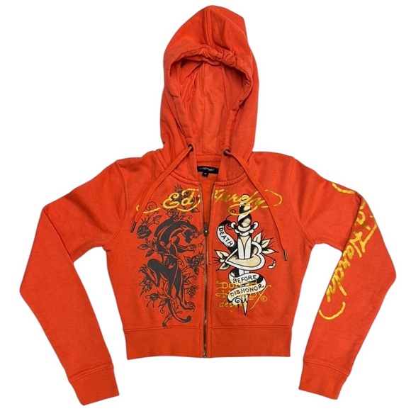 Ed Hardy Y2K Hoodie Double Sided Graphics Death Before Dishonor Crop Top Hoodie - Picture 5 of 12